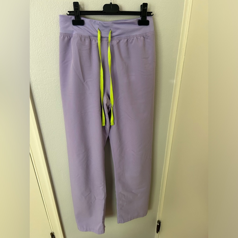 Figs Lavender High Waisted Livingston scrub pants with Neon Yellow Drawstrings